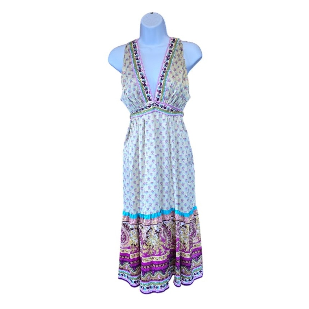 Mixit Midi Dress Womens 16 Multicolor Boho Paisley Floral Empire Waist Indie Y2K